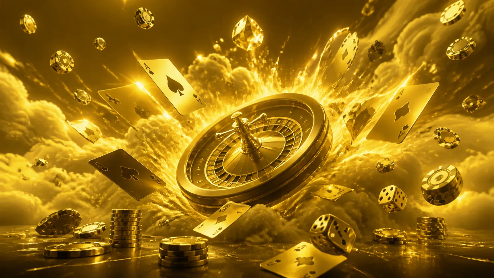 Vibrant pop-art casino explosion with flying cards, dice, chips and glowing gold coins in two-tone palette, dynamic compositi